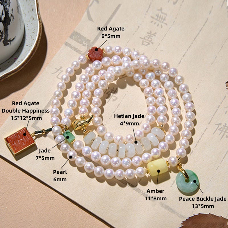 Buddha Stones 925スターリングシルバーパール和田翡翠レッドアゲートダブルハピネスアンバーラッキー4重ラップブレスレット