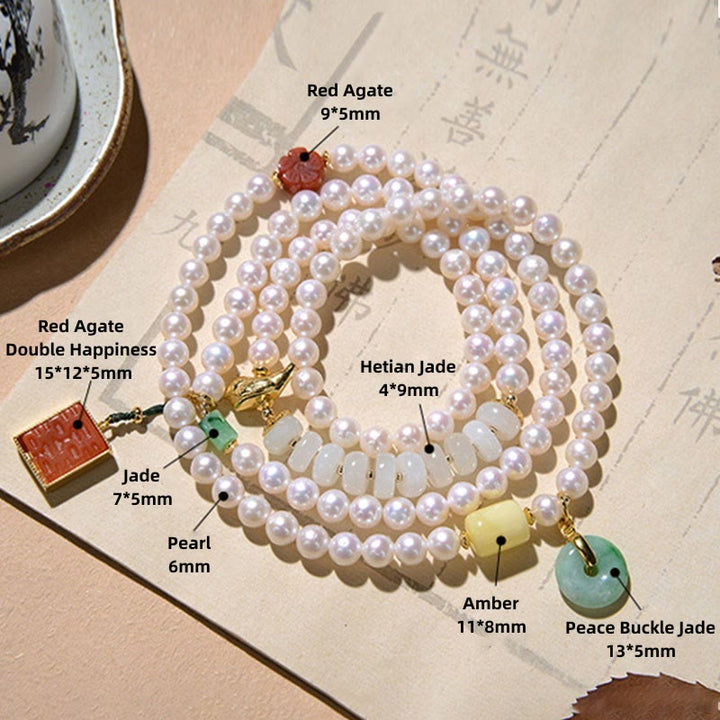 Buddha Stones 925スターリングシルバーパール和田翡翠レッドアゲートダブルハピネスアンバーラッキー4重ラップブレスレット
