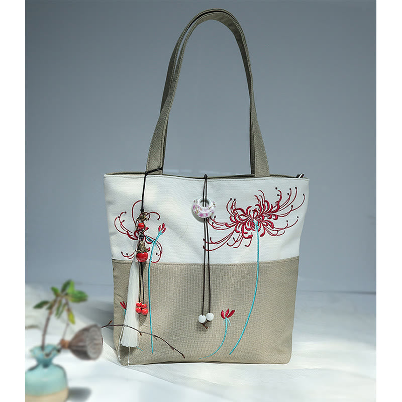 梨花 梅 桃の花 竹刺繍 キャンバス 大容量 ショルダーバッグ トートバッグ - image 44