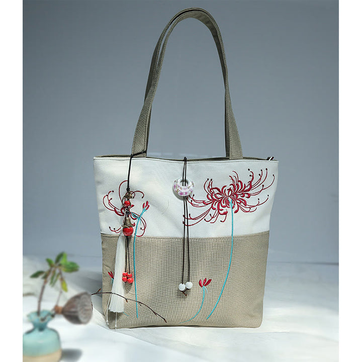 梨花 梅 桃の花 竹刺繍 キャンバス 大容量 ショルダーバッグ トートバッグ
