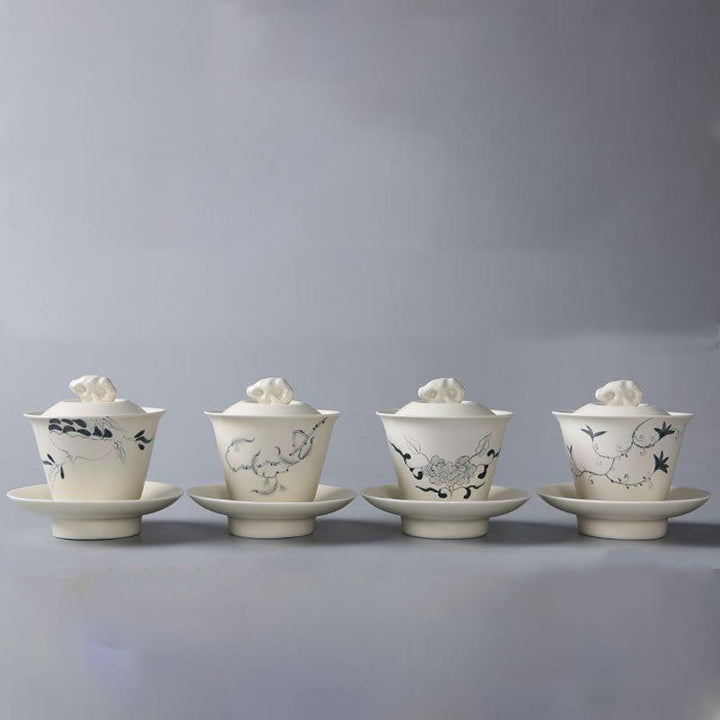 Buddha Stones手描きザクロハイビスカス松蓮陶器蓋碗三彩ティーカップカンフーティーカップ＆ソーサー蓋付き