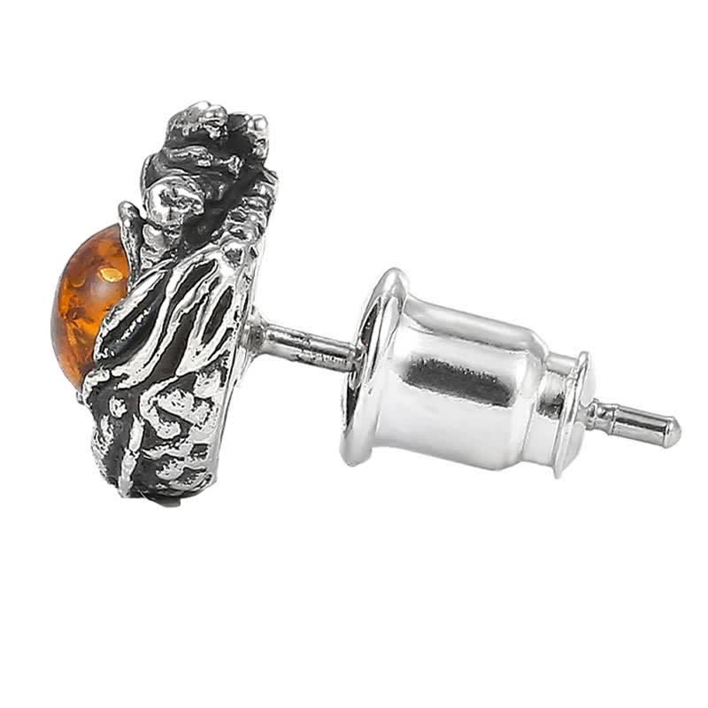 Buddha Stones925スターリングシルバー 天然琥珀 ドラゴン 成功の守護 スタッドピアス