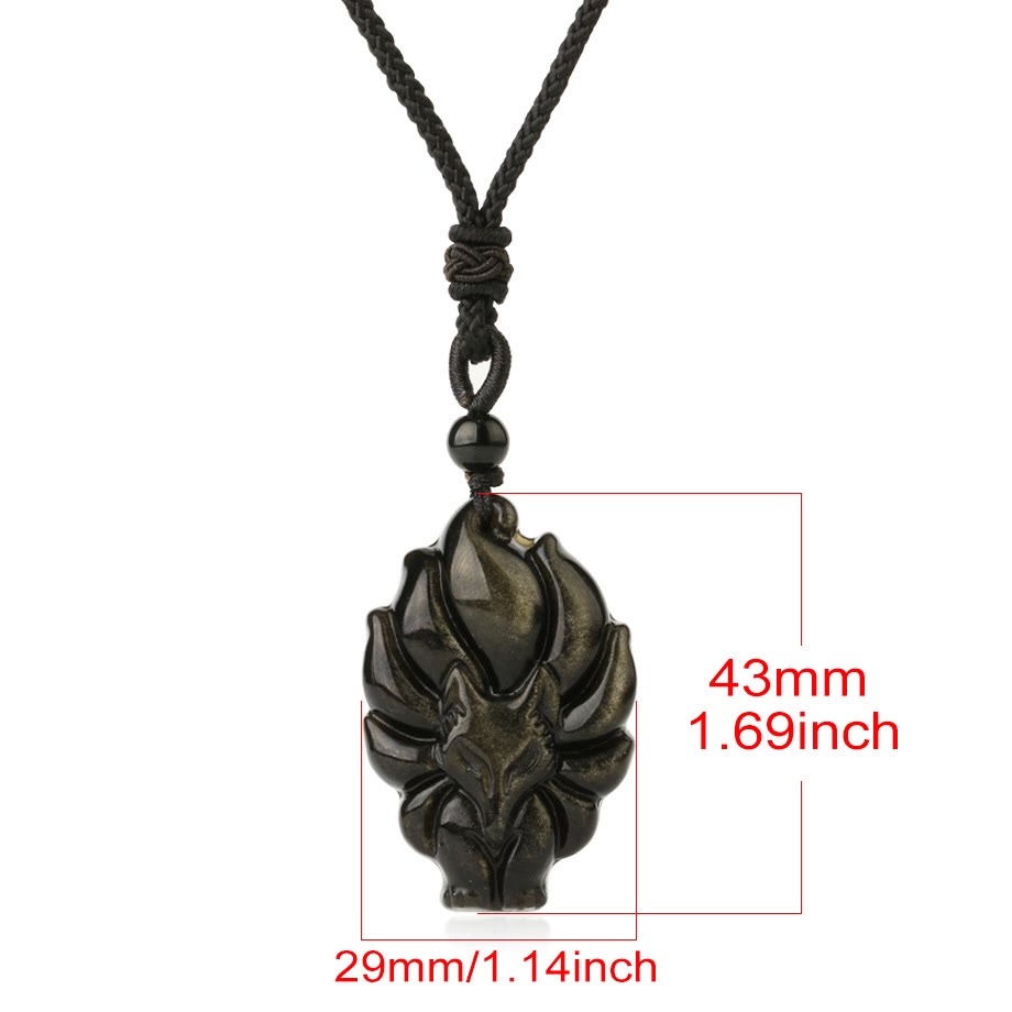 Buddha Stones天然蛍石ゴールド光沢黒曜石フォックスペンダント保護ネックレス