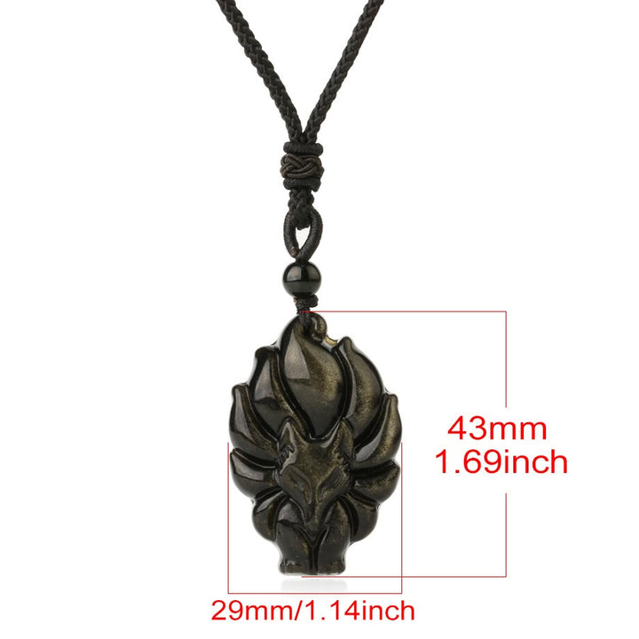 Buddha Stones天然蛍石ゴールド光沢黒曜石フォックスペンダント保護ネックレス