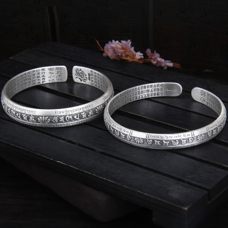 Buddha Stones999スターリングシルバーオーム・マニ・パドメ・フム般若心経 蓮華座 平和ブレスレット バングル