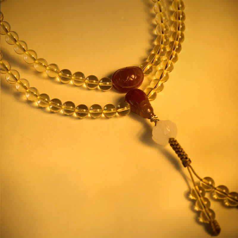 Buddha Stones 108Malaビーズ 925 スターリングシルバー 天然シトリン 赤瑪瑙 白翡翠 繁栄のチャームブレスレット