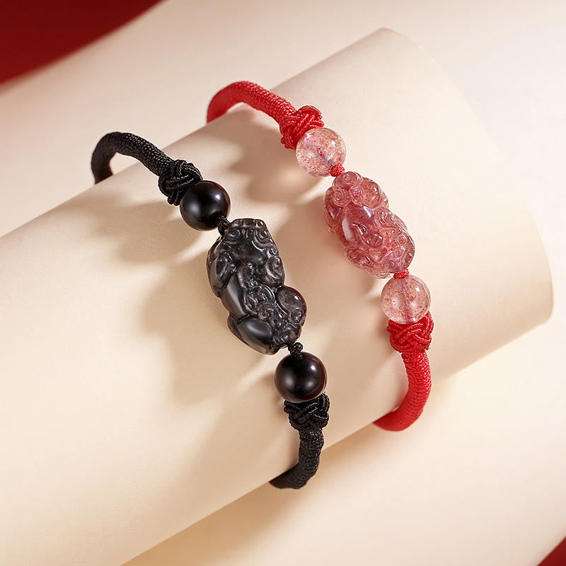 Buddha Stonesハンドメイド天然銀光沢黒曜石ストロベリークォーツ貔貅守護編み込みブレスレット - image 1