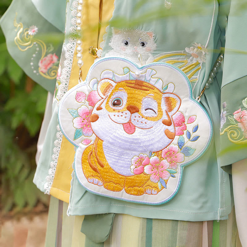 Buddha Stonesと幸運の刺繍、蓮と鯉とウサギの花の漢服バッグ、斜め掛けバッグ、ショルダーバッグ