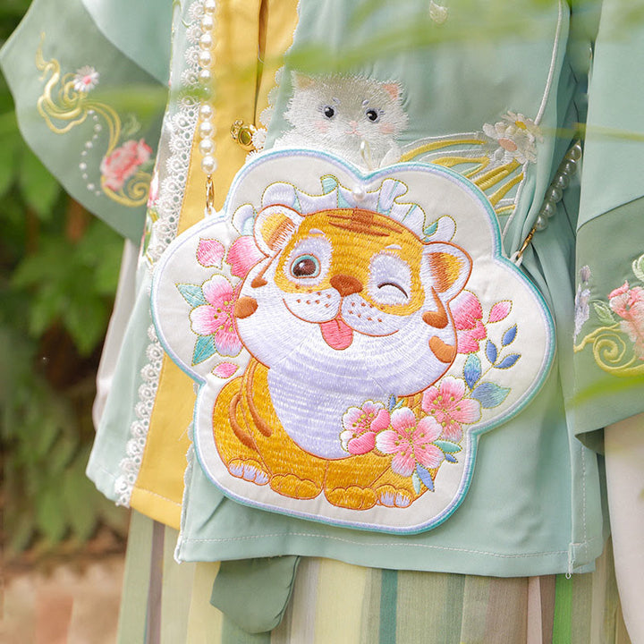 Buddha Stonesと幸運の刺繍、蓮と鯉とウサギの花の漢服バッグ、斜め掛けバッグ、ショルダーバッグ