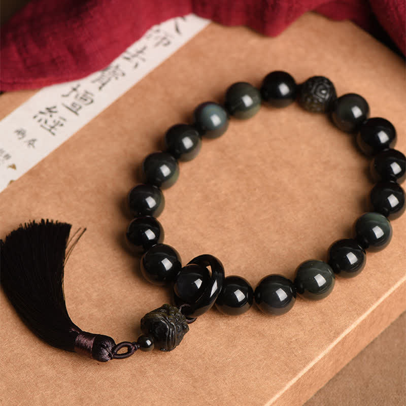 Buddha Stones天然黒曜石 ライオン 手首Mala保護 タッセル ポケットMala車 装飾
