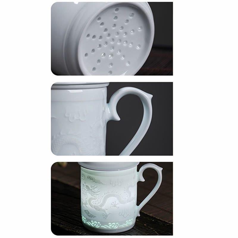 Buddha Stones玲瓏 磁器 縁起の良い龍鳳凰船 順風満帆 陶器 ティーカップ オフィス ティーカップ 420ml