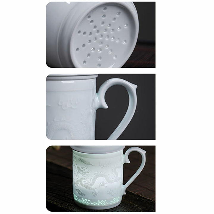 Buddha Stones玲瓏 磁器 縁起の良い龍鳳凰船 順風満帆 陶器 ティーカップ オフィス ティーカップ 420ml