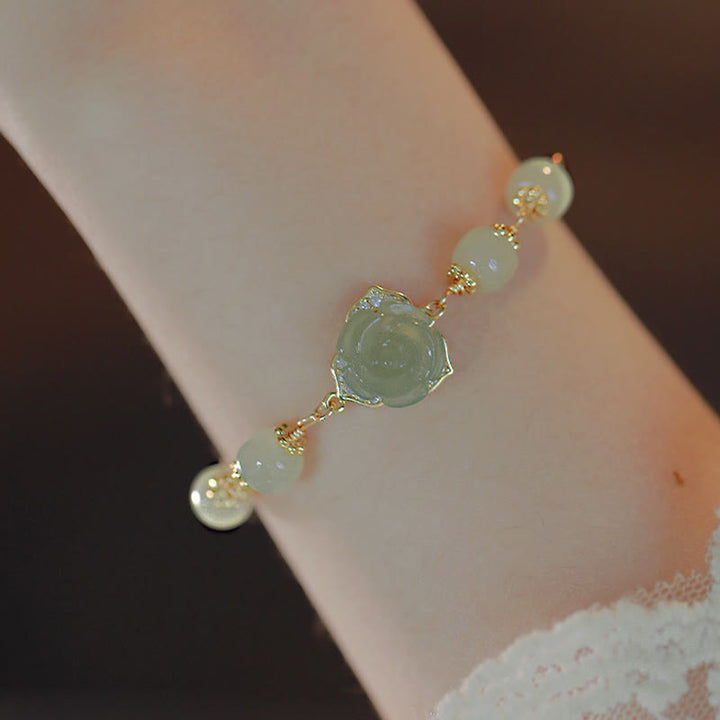 Buddha Stones14K ゴールドメッキ 和田翡翠 ローズフラワー 幸運のチェーンブレスレット