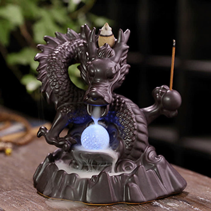 Buddha Stones縁起の良い龍 セラミック 逆流煙噴水 瞑想 癒し 香炉 LED ボール 装飾