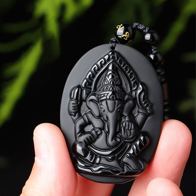 Buddha Stonesチベット黒曜石 ガネーシャ ガンパティ象 富のお守りネックレス