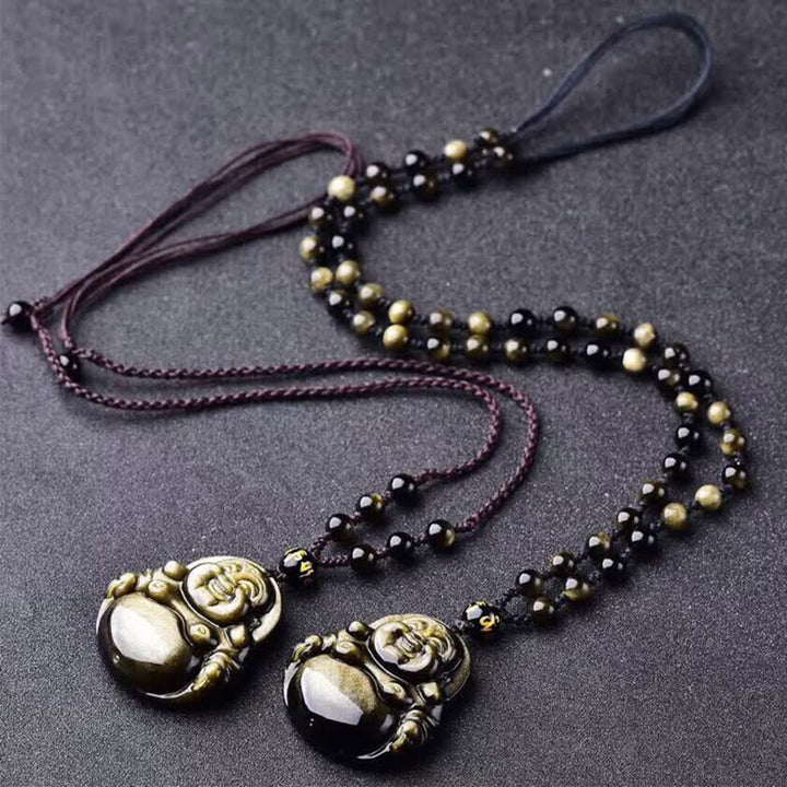 Buddha Stones笑う仏陀 金の輝き 黒曜石 富のネックレス ペンダント - image 3