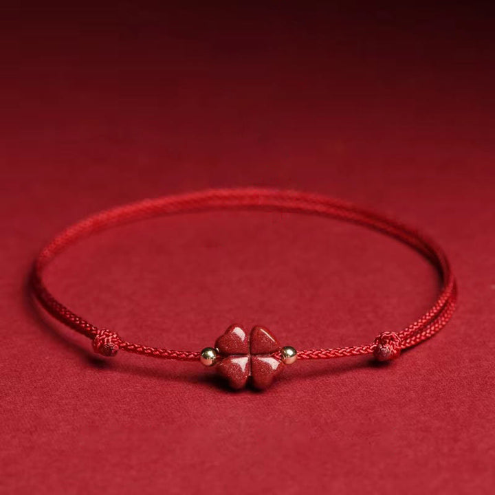 Buddha Stones天然辰砂 四つ葉のクローバー 祝福の赤い紐ブレスレット アンクレット