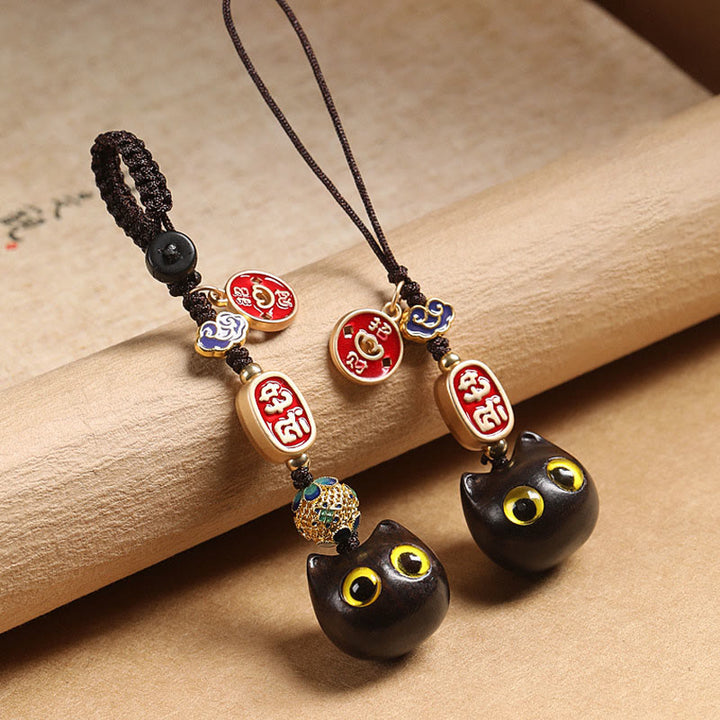 Buddha Stones黒檀 招き猫 縁起の良い雲 平和 キーホルダー 携帯電話 吊り下げ装飾