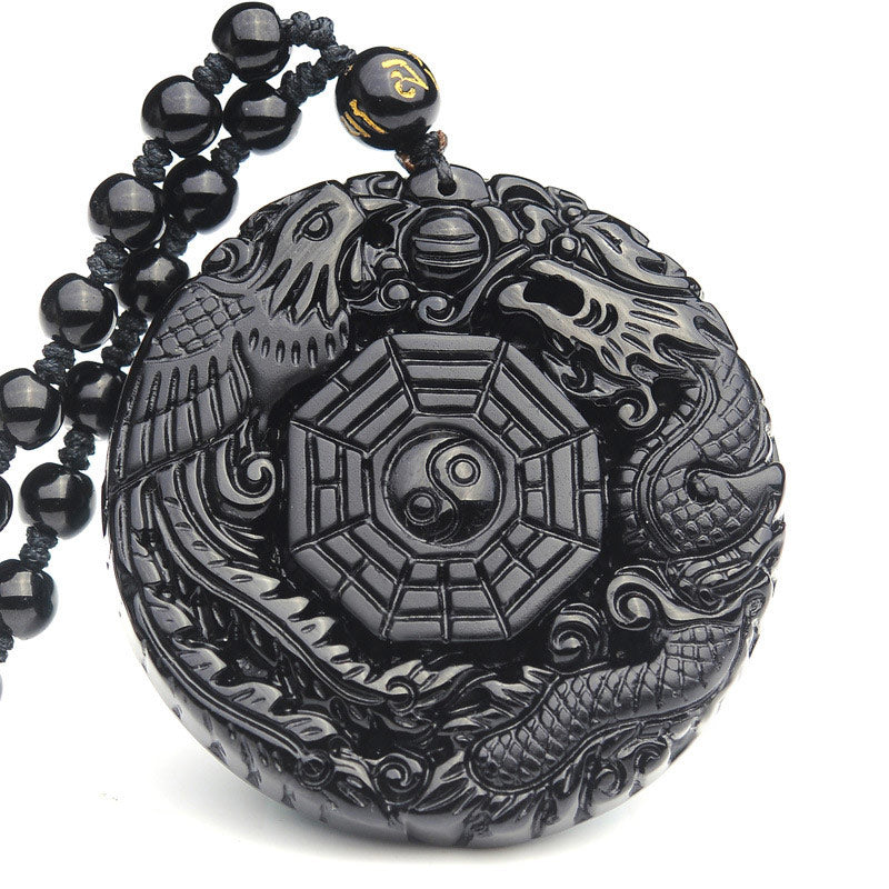 Buddha Stones八卦龍鳳凰黒曜石成就ペンダントネックレス - 黒曜石 - image 1