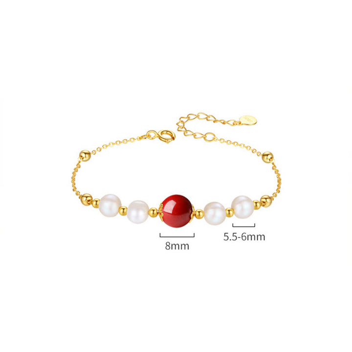 Buddha Stones925スターリングシルバー パール シナバー ヒーリングビーズチェーンブレスレット
