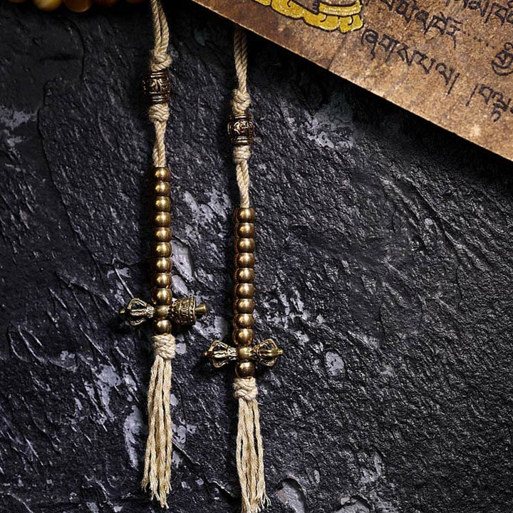 Buddha Stones 108Mala天然タイガーアイ 銅製 ドルジェ 守護 タッセルブレスレット