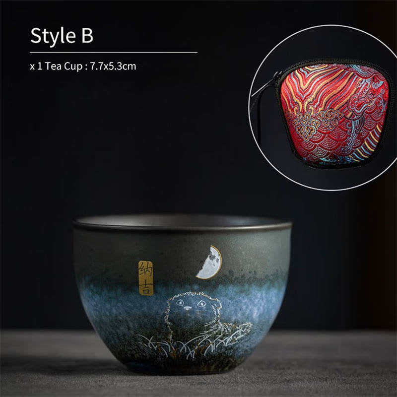Buddha Stones陶器ティーカップ 愛らしい猫 ブラックティーカップ 140ml