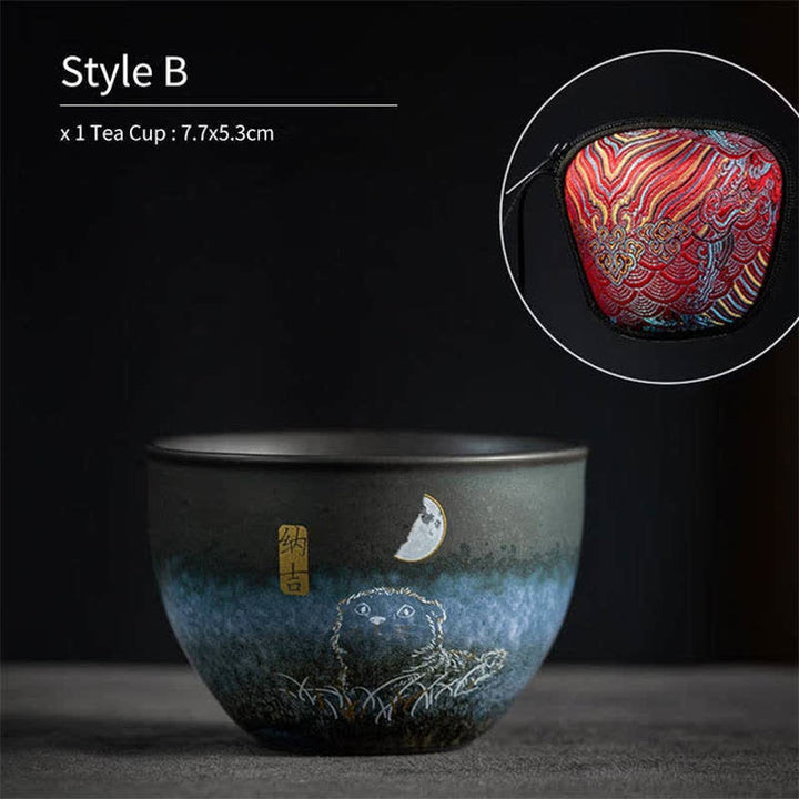 Buddha Stones陶器ティーカップ 愛らしい猫 ブラックティーカップ 140ml