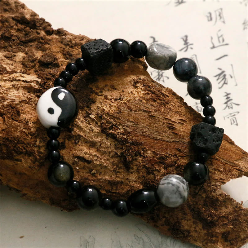 Buddha Stonesブラックオニキス ピカソジャスパービーズ 陰陽幸運繁栄守護ブレスレット
