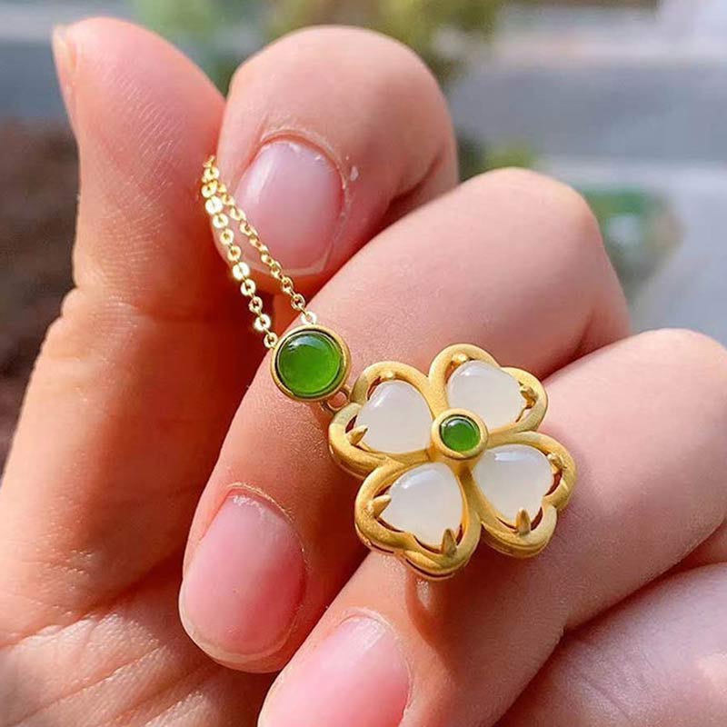 Buddha Stones925スターリングシルバー 幸運の四つ葉のクローバー 翡翠 繁栄のネックレスチェーンペンダント
