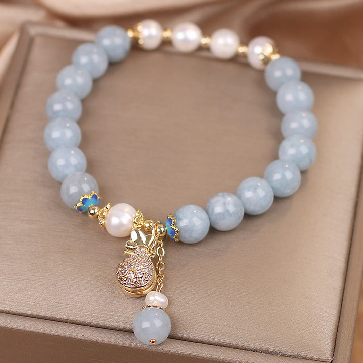 Buddha Stonesアクアマリンパール フォーチュン マネーバッグチャームブレスレット
