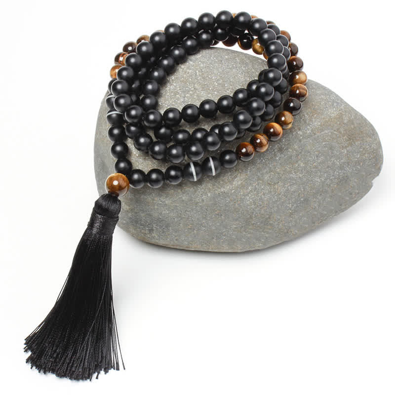 Buddha Stonesブラックオニキス タイガーアイ フォーチュンブレスレット タッセルネックレス ペンダント