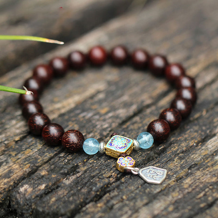 Buddha Stones925 スターリングシルバー インド産小葉 レッドサンダルウッド アクアマリン ゴールドスター 中国結び 祝福ブレスレット