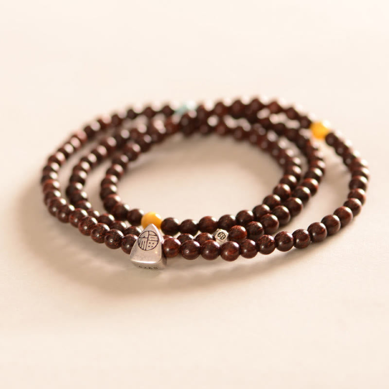 Buddha Stones925スターリングシルバー インド産小葉レッドサンダルウッド フーキャラクタープロテクショントリプルラップブレスレット