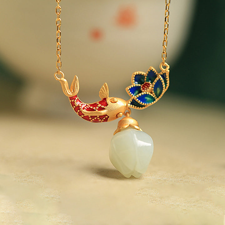 Buddha Stones925 スターリングシルバー ホワイトジェイド 鯉 蓮 守護 ネックレス ペンダント - image 2