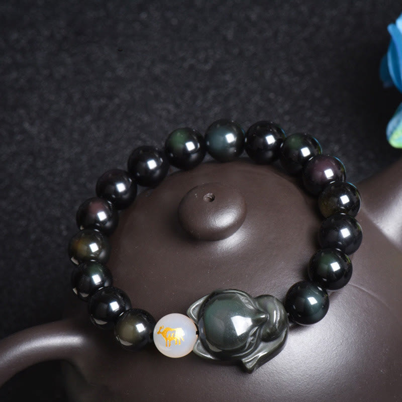 Buddha Stones天然レインボーオブシディアン ゴールドシーンオブシディアン シルバーシーンオブシディアン フォックスヒーリングブレスレット