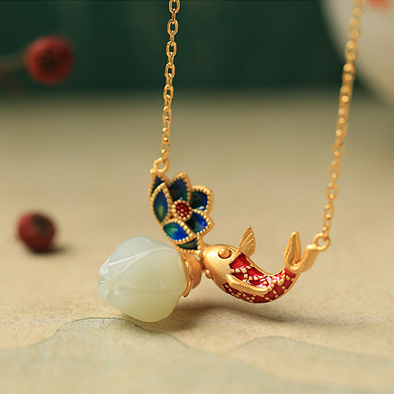 Buddha Stones925 スターリングシルバー ホワイトジェイド 鯉 蓮 守護 ネックレス ペンダント - image 3