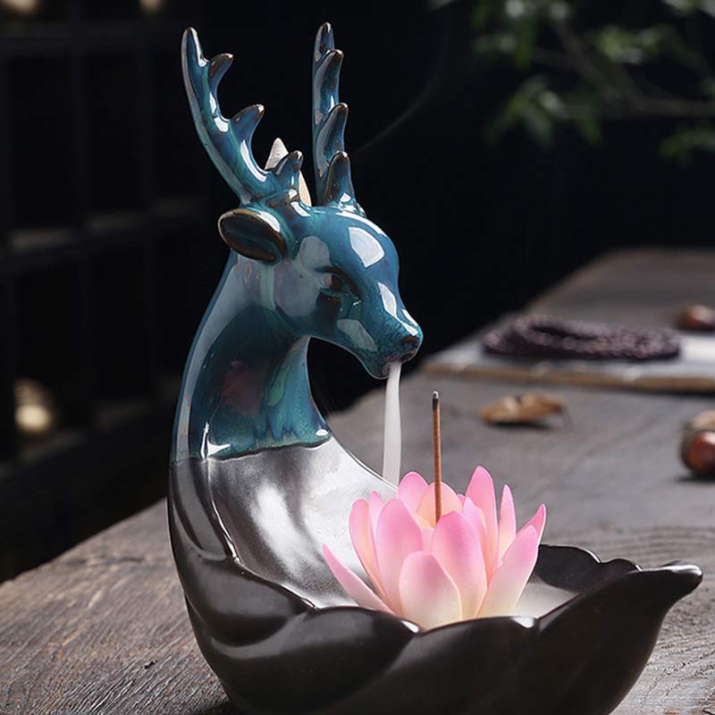 Buddha Stones小さな鹿 陶器 蓮 瞑想 香炉 装飾