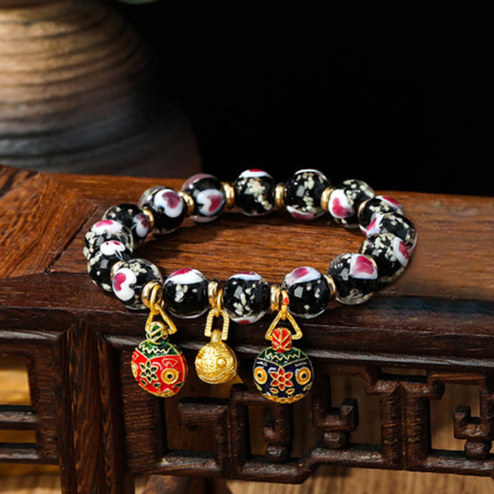 Buddha Stones金 呑み込み獣 ファミリー ピンク ラブハート 光る 蛍光 Liuli ガラス ビーズ ブレスレット
