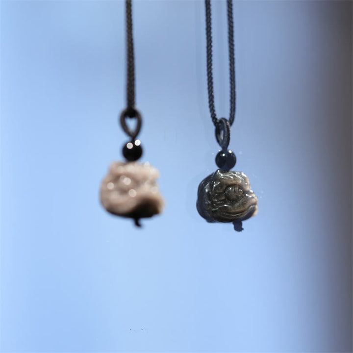 Buddha Stones天然銀光沢黒曜石踊るライオン守護ネックレスペンダント