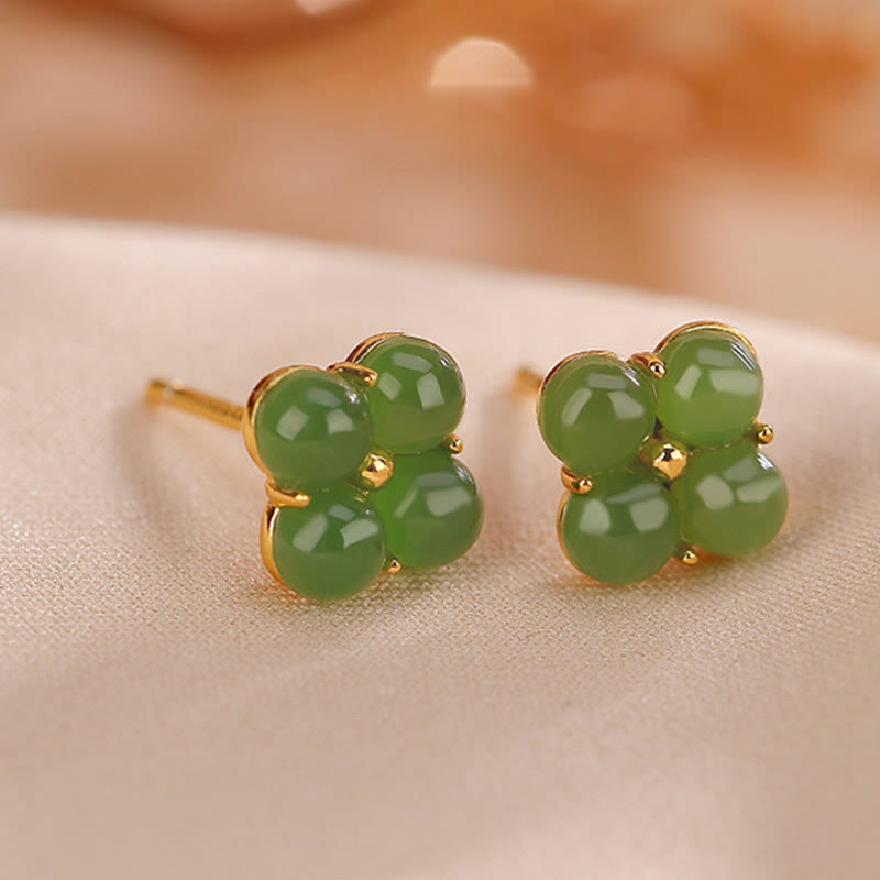 Buddha Stones 925スターリングシルバー ゴールドメッキ 天然シアン翡翠 四つ葉のクローバー 幸運のスタッドピアス