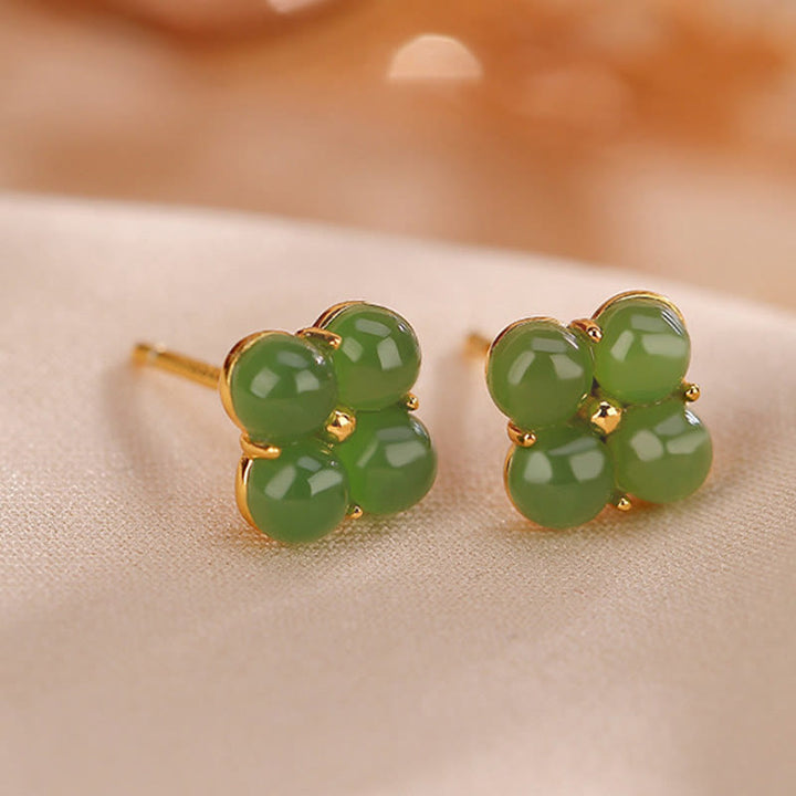 Buddha Stones 925スターリングシルバー ゴールドメッキ 天然シアン翡翠 四つ葉のクローバー 幸運のスタッドピアス