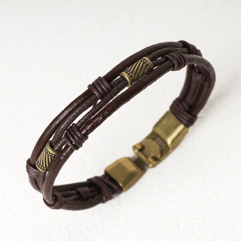 Buddha Stonesヴィンテージレザーリストバンド ブラウンロープ レイヤードブレスレット バングル