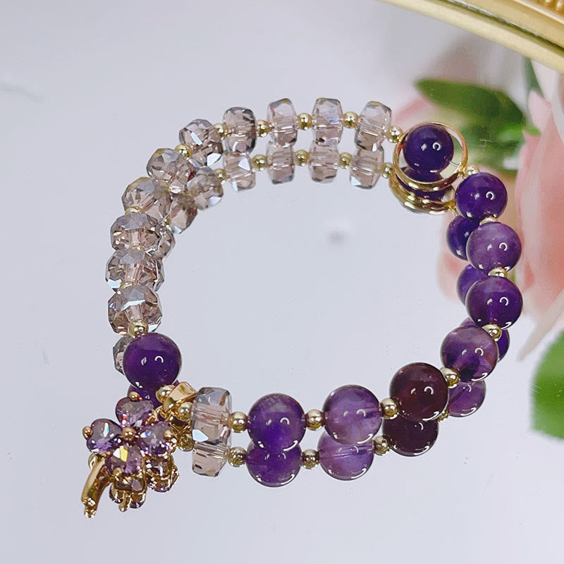 Buddha Stonesアメジストクリスタル 四つ葉のクローバー ヒーリングチャームブレスレット
