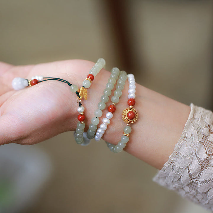 Buddha Stones 925スターリングシルバー ゴールドメッキ 天然和田翡翠パール 蝶ひょうたん 幸運ブレスレット
