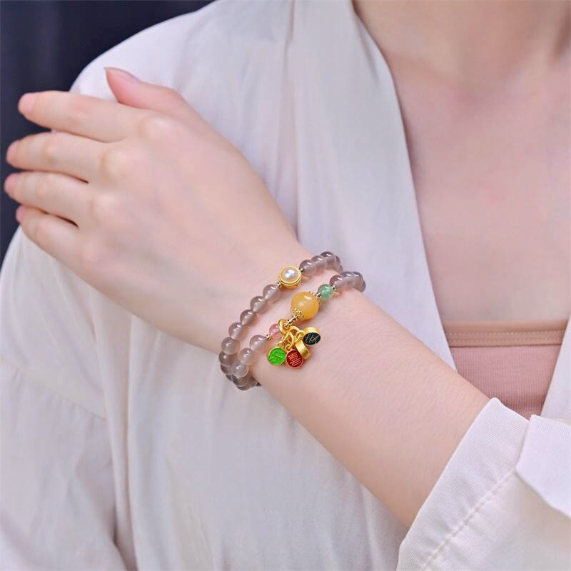 Buddha Stones天然グレーアゲート 平和と喜びのチャームバランス ダブルラップブレスレット