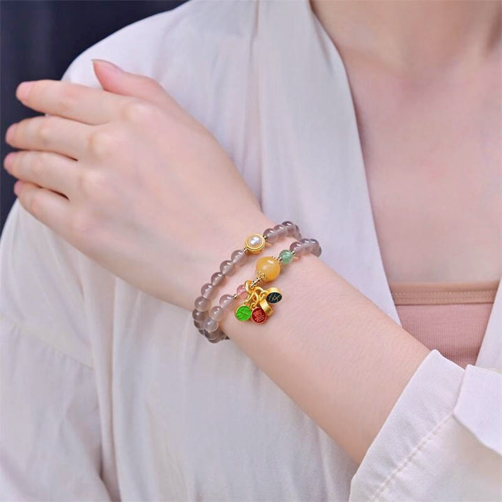 Buddha Stones天然グレーアゲート 平和と喜びのチャームバランス ダブルラップブレスレット