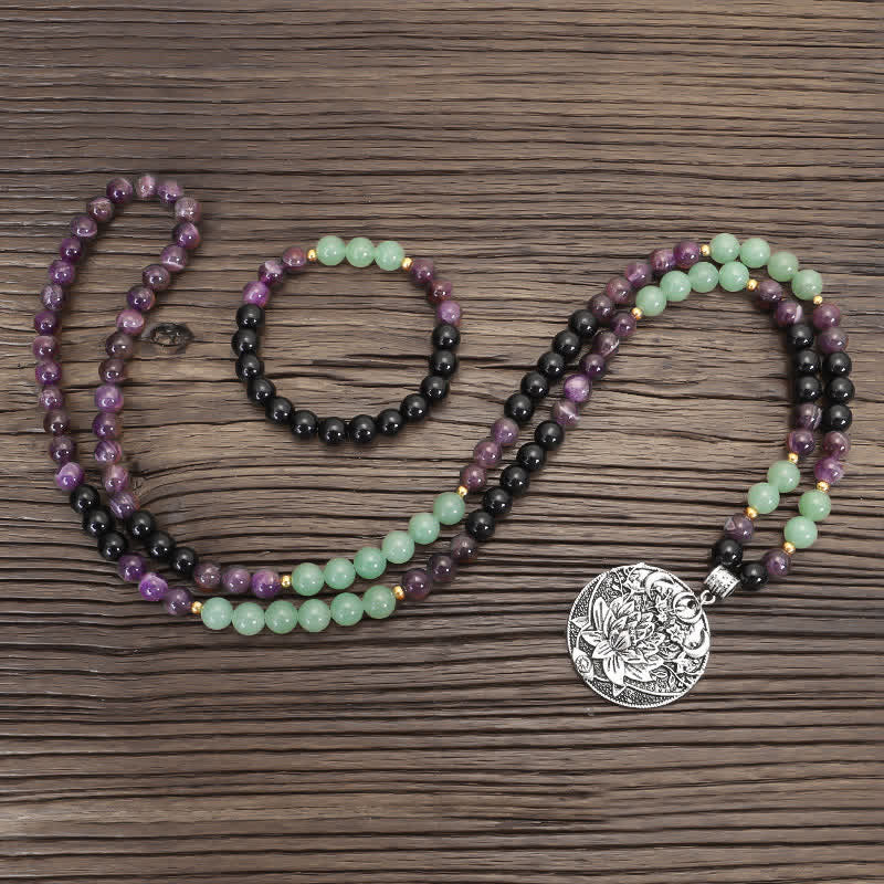 Buddha Stones 108Malaビーズ アメジスト グリーン アベンチュリン ロータス 瞑想ブレスレット - image 12