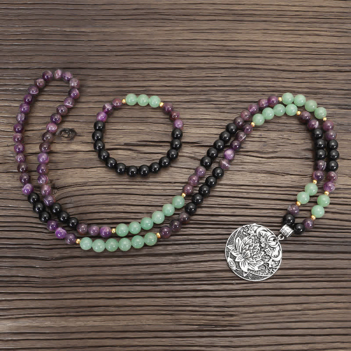 Buddha Stones 108Malaビーズ アメジスト グリーン アベンチュリン ロータス 瞑想ブレスレット - image 12