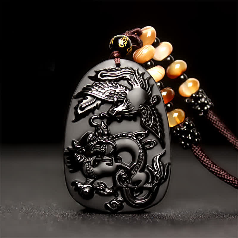 Buddha Stonesブラックオブシディアン タイガーアイ ドラゴン フェニックス 守護ビーズネックレスペンダント - image 1