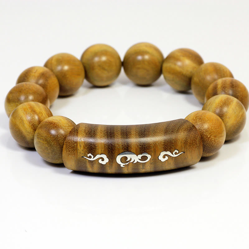 Buddha Stones999 スターリングシルバー グリーンサンダルウッドオーム・マニ・パドメ・フムドラゴンフェニックス ダルマチャクラ象嵌 平和ブレスレット